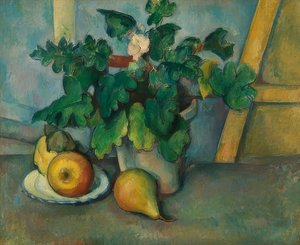 Topf mit Primeln und Obst