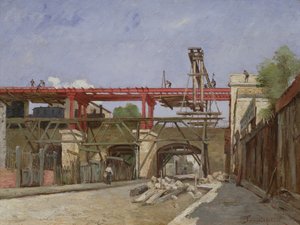Arbeiter heben die Gleise der Ringbahn auf der Brücke der Rue de la Voute, Paris, 1888