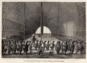 Mounza, König der Mombouttous (Zaire), tanzt vor seinem Serail, bestehend aus 80 Frauen, Gravur nach der Zeichnung von P. Philippoteaux, zur Illustration einer Reise ins Herz Afrikas 1868-1871, von Dr. George Schweinfurth, veröffentlicht in „Le tour du mon von Paul Dominique Philippoteaux