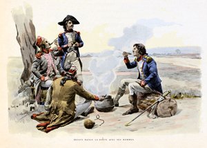 Louis Charles Antoine Desaix de Veygoux (1768-1800) isst mit seinen Männern Suppe - Illustration von Emile Boutigny (1853-1929) in „Hoche-Marceau-Desaix“ von Theodore Cahu (1854-1928) - Private Sammlung