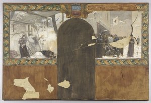 Skizze für das Büro des Präfekten im Hôtel de Ville de Paris: Die Bombardierung von Paris - Die Schlange vor einer städtischen Metzgerei von Paul Emile Mangeant