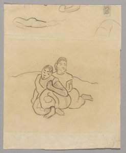 Fragmente von Körpern, ein dekoratives Design und zwei kauernde tahitianische Frauen in einer Landschaft, verwandt mit Nafea Faaipoipo