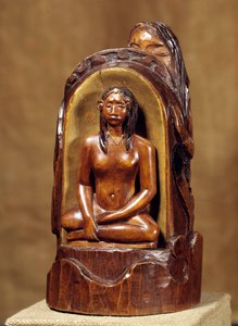 Idol mit Perle. Holzskulptur, Gold und Perle