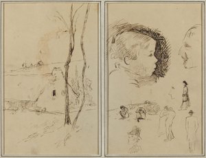Landschaft mit einem Häuschen; Profil eines Jungen, Profil eines Mannes, zwei Frauen in einer Landschaft und fünf weitere Studien [verso]