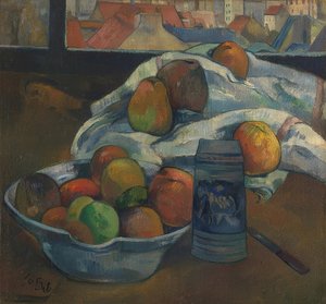Obstschale und Krug vor einem Fenster von Paul Gauguin