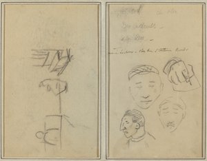 Zwei Figuren und eine Bank; Drei Studien von Männerköpfen und eine von einer Hand [recto]