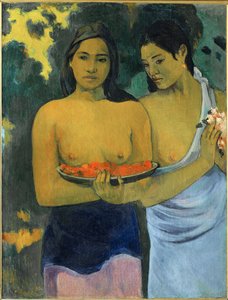 Zwei tahitianische Frauen bieten rote Früchte und rosa Blumen an von Paul Gauguin