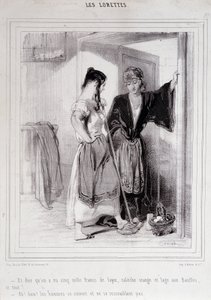 Zwei arme Frauen im Gespräch auf der Treppe über Männer, „Les Lorettes“, Gavarni, ca. 1840 von Paul Gavarni