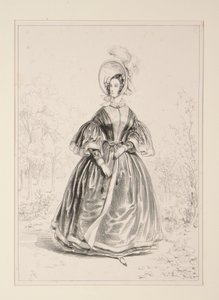 Pelisse aus Ripsgewebe, mit Satin gefüttert und mit Krepp eingefasst. Plüschhut. von Paul Gavarni