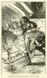 Turpin hält die Wirtin über das Feuer (Gravur) von Paul Hardy