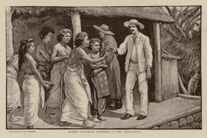 Frauen bieten Robert Louis Stevenson Blumen an (Gravur) von Paul Hardy