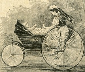Kinder-Wärterin (Kindermädchen), Illustration von Paul Heydel, ein Kinderwagen fährt wie ein Fahrrad, aus der Zeitschrift Über Land und Meer. Deutsche Illustrirte Zeitung