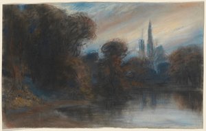 Eine Abtei an einem bewaldeten See in der Dämmerung von Paul Huet