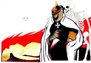 Tod mit Kaiser Wilhelm und der Leiche einer ermordeten Frau, die Belgien darstellt
