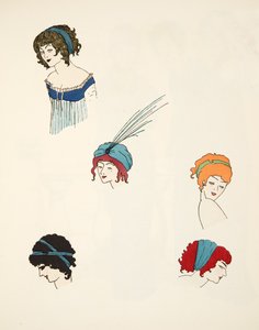 Entwürfe für Kopfbedeckungen, aus Les Robes de Paul Poiret, veröffentlicht 1908