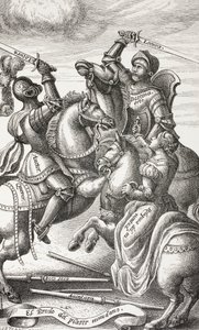 Ritterlichkeit dargestellt durch allegorische Figuren. Ritter kämpfen zu Pferd. Nach einem Kupferstich aus dem 16. Jahrhundert von Paul Lacroix