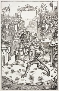 König Artus, oder Arthur, von der Jungfrau beschützt, kämpft gegen einen Riesen. Nach einem Holzschnitt in Chroniques de Bretagne, von Alain Bouchard, veröffentlicht 1514 von Paul Lacroix