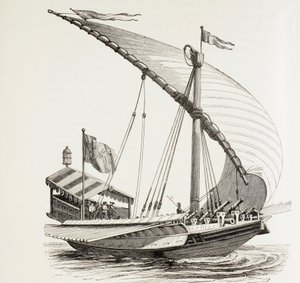 Pontifikalgaleere mit Segeln, Rudern und schwerer Artillerie. Sie führt die päpstliche Flagge. Nach einer Zeichnung von Breugel dem Älteren von Paul Lacroix