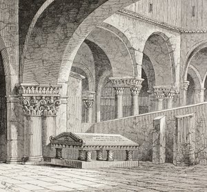 Grab von Gottfried von Bouillon, ca. 1060 - 1100, wie es in der Grabeskirche in Jerusalem existierte. Das Grab ist jetzt zerstört. Nach einer Zeichnung, die 1828 vor Ort gemacht wurde von Paul Lacroix