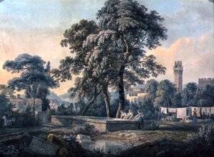 Eine italienische Landschaft mit Frauen an einem Waschplatz von Paul Sandby