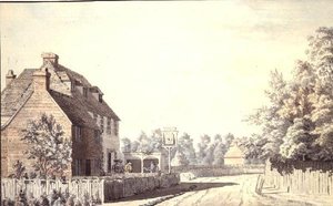 Figuren vor einem Dorfpub