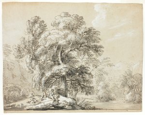 Mann und Hund unter Bäumen am Fluss sitzend von Paul Sandby