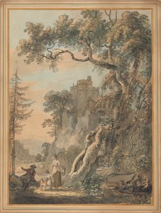 Romantische Landschaft - Bauern am Fuße einer Burg auf einem Felsen von Paul Sandby