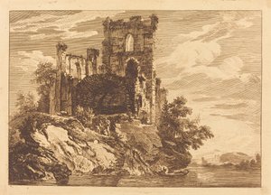 Ruinen an einem Fluss mit einem Mann in einem Boot von Paul Sandby