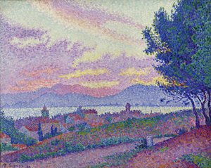 Blick auf Saint-Tropez, Sonnenuntergang im Pinienwald, 1896 von Paul Signac