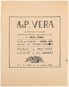 Zeichnung, Titelseite, A & P Vera, Dekorative Komposition von Paul Vera / Ansichten von Gärten von André Vera gezeichnet von Eugène Verdeau / Möbel von Paul Vera / Kissen von J. L. Gampert, 1912–19 von Paul Vera