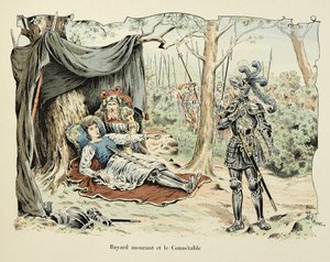 Illustration aus dem Buch „Histoire du chevalier Bayard“ von Theodore Cahu, illustriert von Paul De Semant (1855-1915): Bayard im Sterben und Le Connetable de Bourbon 1524 von Paul de Semant