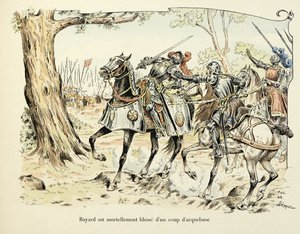 Illustration aus dem Buch „Histoire du chevalier Bayard“ von Theodore Cahu, illustriert von Paul De Semant (1855-1915): Bayard verwundet tödlich mit einem Arkebusenschuss 1524