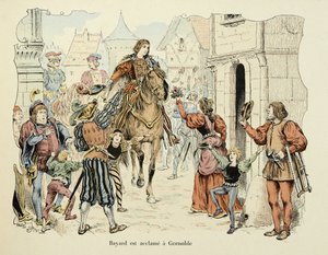 Illustration aus dem Buch „Geschichte des Ritters Bayard“ von Theodore Cahu, illustriert von Paul De Semant (1855-1915): Bayard wird in Grenoble gefeiert