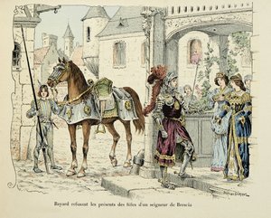 Illustration aus dem Buch „Histoire du chevalier Bayard“ von Theodore Cahu, illustriert von Paul De Semant (1855-1915): Bayard lehnt die Geschenke der Töchter eines Herrn von Brescia 1512 ab