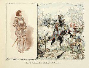 Illustration aus dem Buch „Histoire du chevalier Bayard“ von Theodore Cahu, illustriert von Paul De Semant: Tod von Gaston de Foix (1489-1512) in der Schlacht von Ravenna