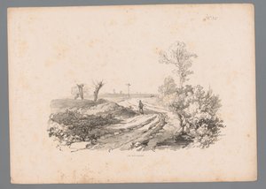 Landschaft mit Figur mit Spazierstock auf einem Landweg