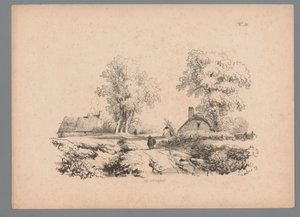 Landschaft mit zwei Häusern und zwei Figuren auf einem Weg von Paulus Lauters