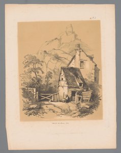 Maaslandschaft mit Haus am Fuße eines Berges mit Ruine oben von Paulus Lauters