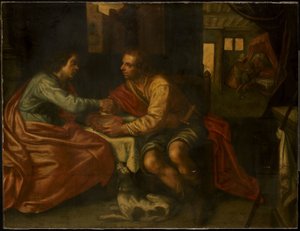 Esau verkauft sein Erstgeburtsrecht (Genesis 27:1-29) von Paulus Moreelse (copy after)