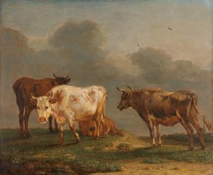 Vier junge Stiere auf einer Wiese von Paulus Potter