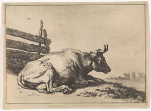 Liegende Kuh bei einem Zaun (Das Bullenbuch)