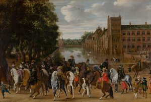 Die Prinzen von Oranien und ihre Familien zu Pferd, Ausritt vom Buitenhof, Den Haag, ca. 1621-22 von Pauwels I van Hillegaert