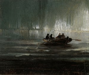 Nordlicht über vier Männern in einem Ruderboot