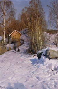 Eine Winterlandschaft mit Kindern beim Schlittenfahren