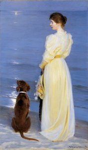 Sommerabend in Skagen. Die Frau des Künstlers mit Hund am Strand von Peder Severin Krøyer