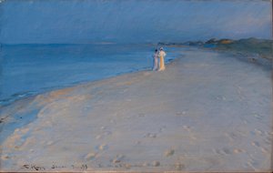 Sommerabend am Südstrand, Skagen. Anna Acher und Marie Krøyer