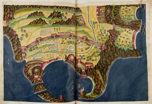 Portugiesische Illustration von Maskat, aus dem Manuskript Livro do Estado da India Oriental von Pedro Barreto de Resende, Sloane MS 197