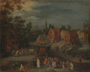 Dorf mit einem Puppenspieler, der eine kleine Menge unterhält
