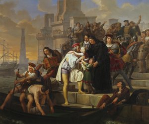 Christoph Kolumbus umarmt seine beiden Söhne und empfiehlt sie Pater Giovanni Perez, bevor er Palos verlässt, um Amerika zu entdecken von Pelagio Palagi