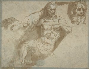 Sitzender Satyr, mit vergrößertem Kopf desselben recto, Kopf einer Frau verso von Pellegrino Tibaldi
